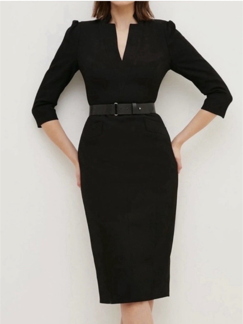 Karen Millen Forever Black Belted Midi Dress size US 8